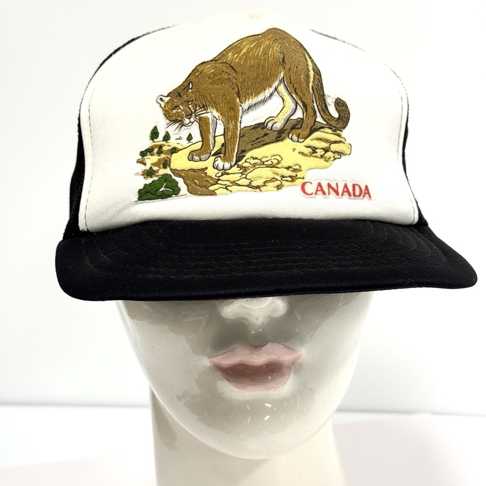 Vintage‎ Mesh Snapback Trucker Hat Canada Cougar hat black and white - Picture 8 of 12